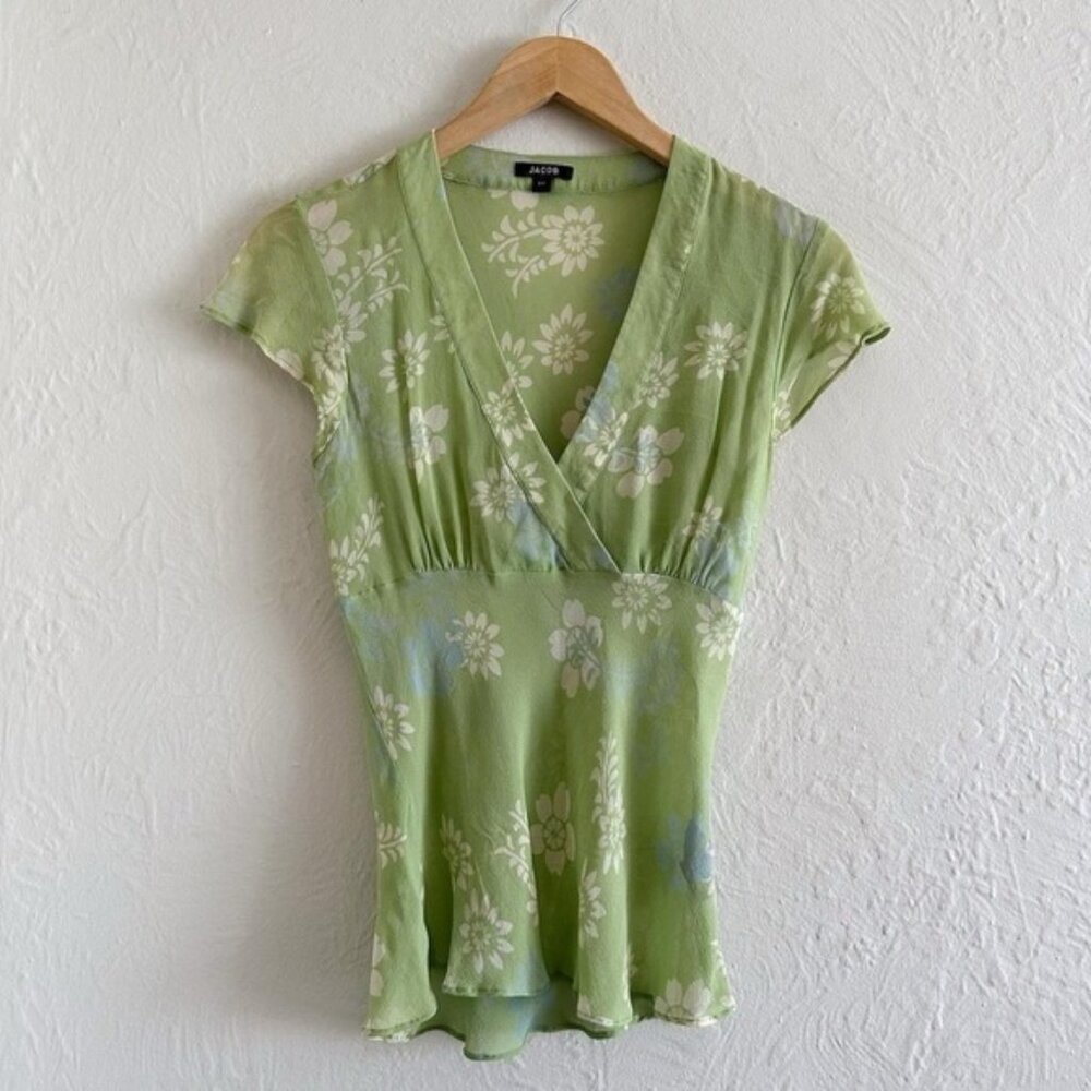 Y2K  Green Floral Silk V-Neck Blouse Top Size S